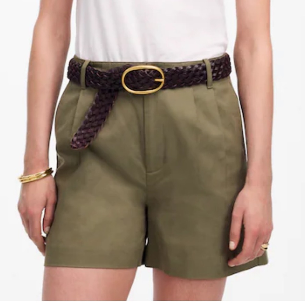 Madewell High Rise Pleated Shorts Olive Green Linen Blend Size 4 NWT